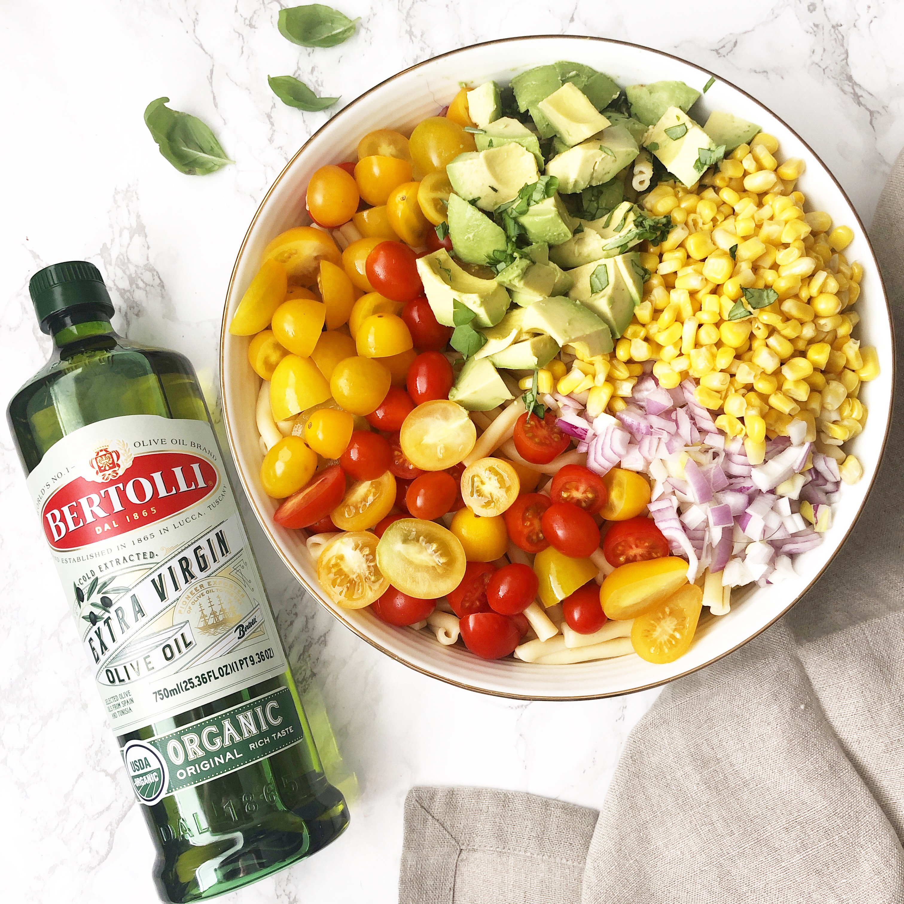 Avocado pasta salad cooked with Bertolli extra virgin olive oil