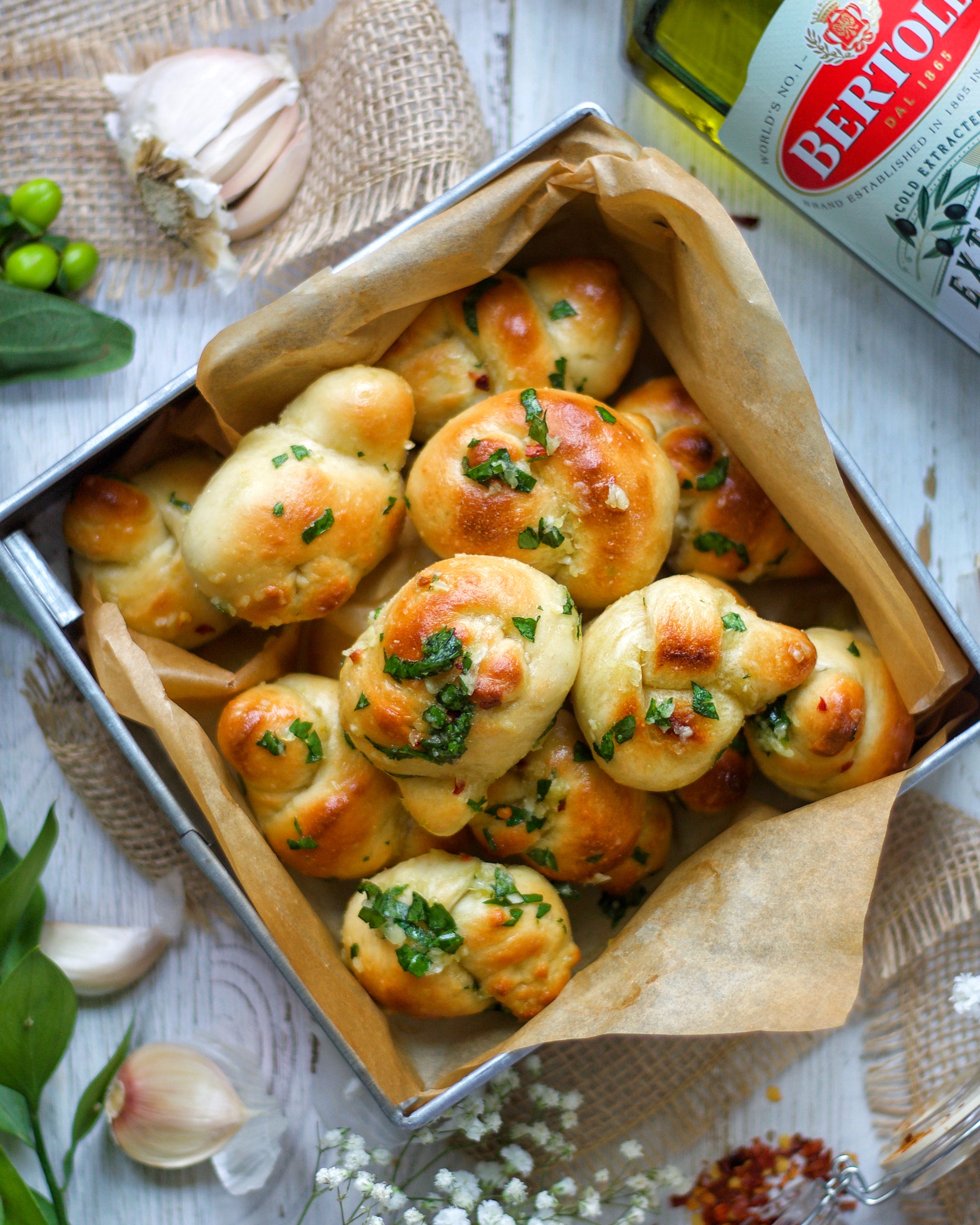 vegan garlic knots with Bertolli Olive Oil